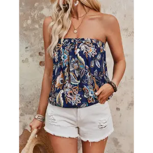 LUNE Floral Printed Summer Pleated Strapless Top Fit Blue