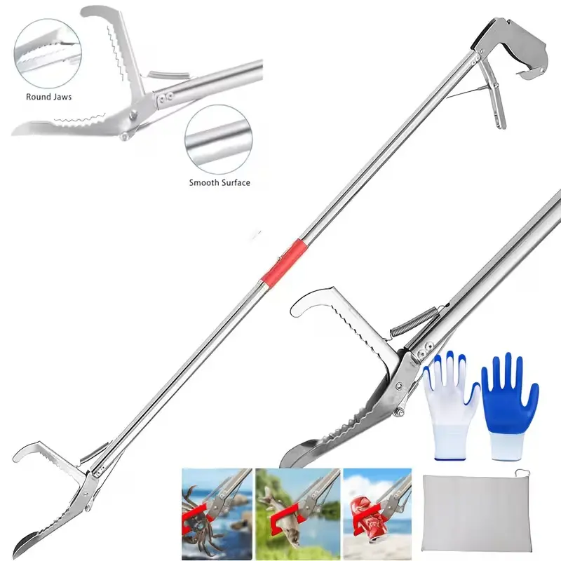 Stainless Steel Foldable Grabber Tool - Lightweight, Portable, Ergonomic Non-Slip Handle, 1-Touch Operation, Firm Lock Grip, Grip That Stays, Multi-Task Lawn Reptile Handling Tool for Home Improvement, Garden Cleanup