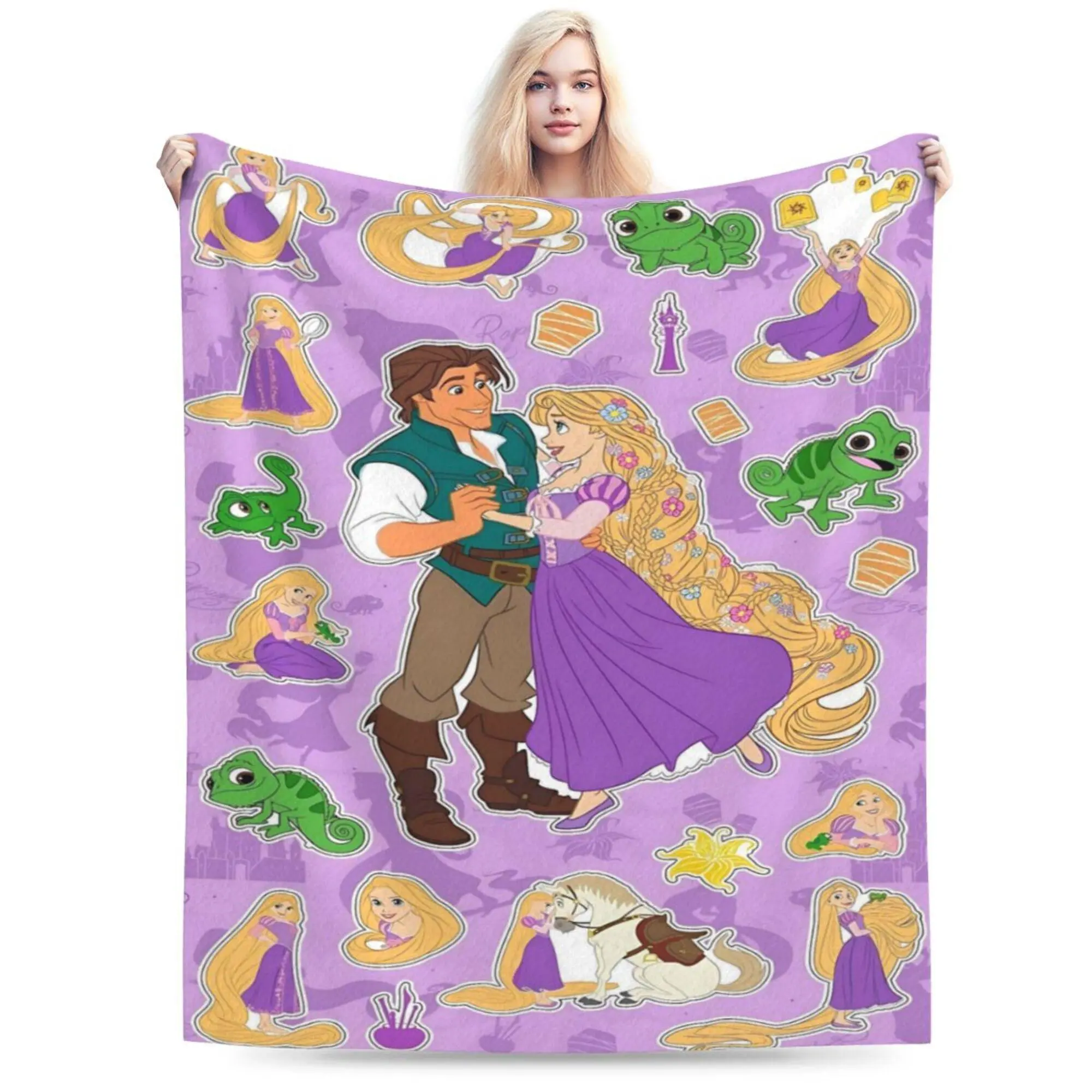 [SummerVibes] DISNEY CLASSIC Rapunzel and Flynn Rider Throw Blanket – Tangled Characters with Pascal and Maximus, Purple Background Collage Design, Soft Fleece Blanket for Kids, Bedroom or Gift