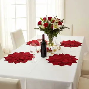 4pcs Christmas Table Decor Set – Red Velvet Poinsettia Placemats & Polyester Table Runner for Holiday Dining, Easy-Clean & Durable, Perfect for Christmas Dinner, New Year Parties, Kitchen & Restaurant Decorations - Decorative Props