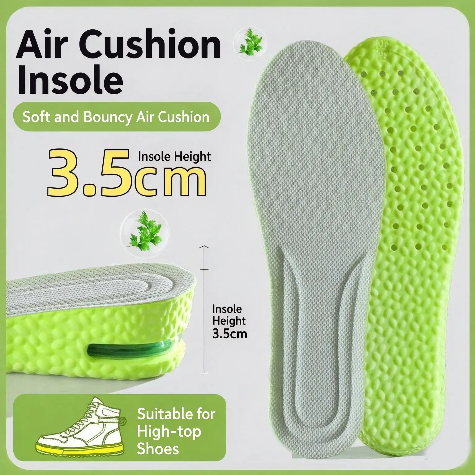 shoe size/9.5-10 Air cushion insoles for added height, soft sole, invisible internal lift, unisex, sports air cushioning with shock absorption, arch support, breathable, sweat-absorbing