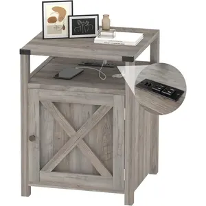 Farmhouse Nightstand with  Station, Rustic End Table Bedroom with Storage Living Room Side Table Grey Night Stand Industrial Bedside Bed Table with USB Ports and Outlets