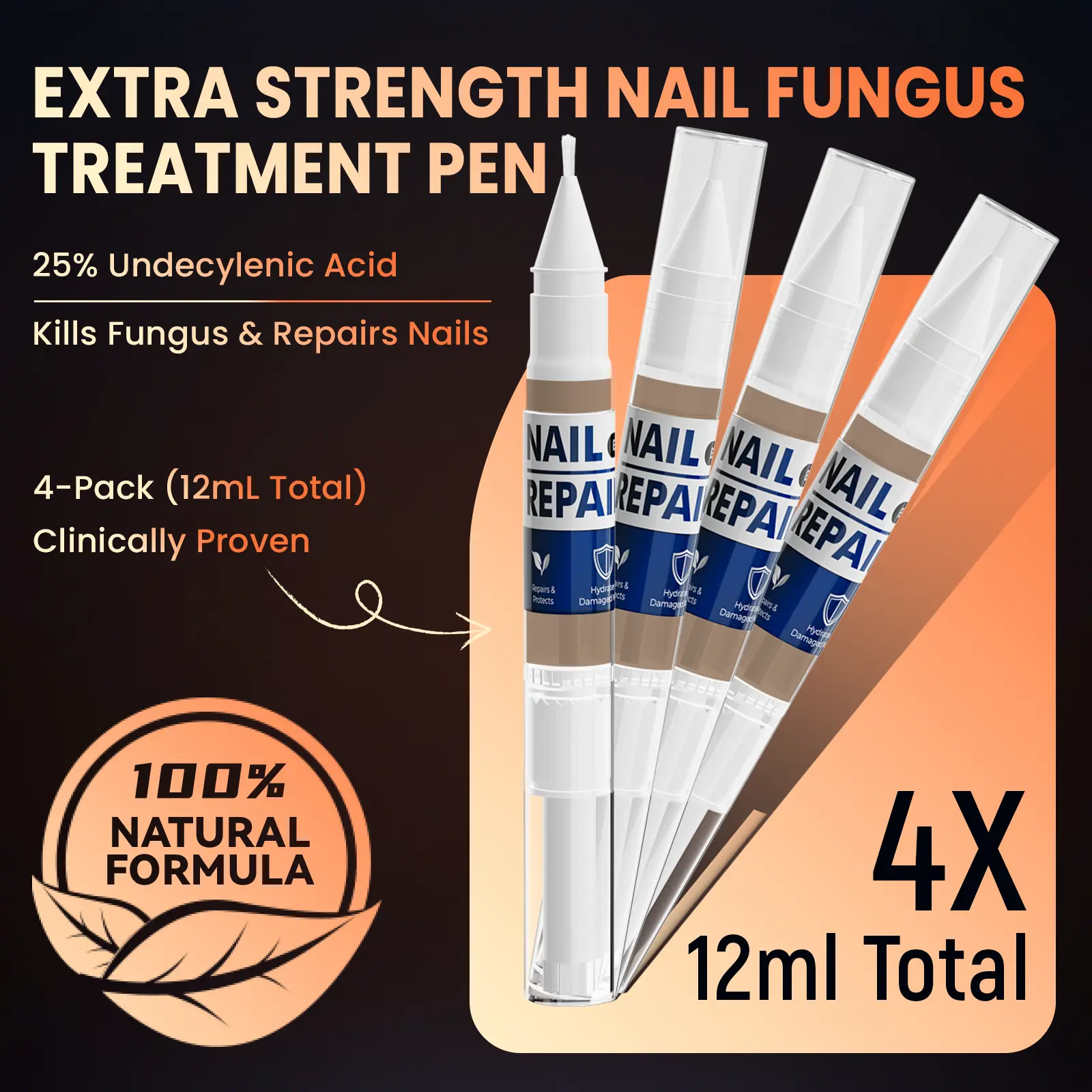VecNythra  4-PACK Nail Fungus Pen - Toenail Fungus Treatment Extra Strength 25% Undecylenic Acid, Fast-Acting 7 Days Toe Nail Fungus Treatments, Tea Tree Oil, Acetic Acid Fungal Nail Repair Pens for Damaged Nail