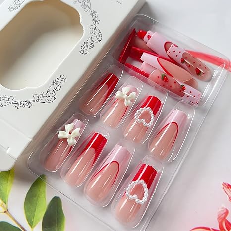 24 Pcs Long Square Fake Nails Strawberry Bow Design, Water Pipe Style Press On Nail Tips for Women & Girls