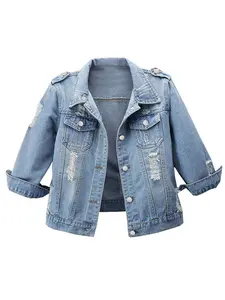Aswulk Women's 3/4 Sleeve Casual Distress Slim Crop Denim Jean Trucker Jacket Fit Womenswear
