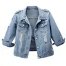 Aswulk Women's 3/4 Sleeve Casual Distress Slim Crop Denim Jean Trucker Jacket Fit Womenswear