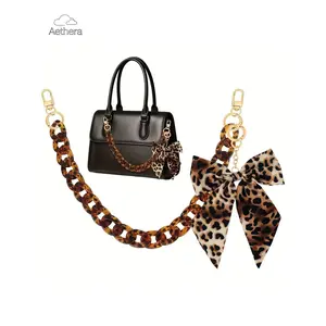 17.5" Leopard Print Purse Chain Strap with Bow Keychain Pendant Charm Golden Acrylic Flat Bag Chain Charm Pocket Chain Charm Handbag Accessory,Detachable/Attachable Bag Chain Strap for Women'S Handbags,Totes,Purses,Wallet-Leopard Spot Bag Decoration Chain