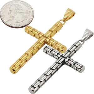 316L Stainless Steel 18k Yellow Gold Plated 5mm Brick Texture Cross Pendant