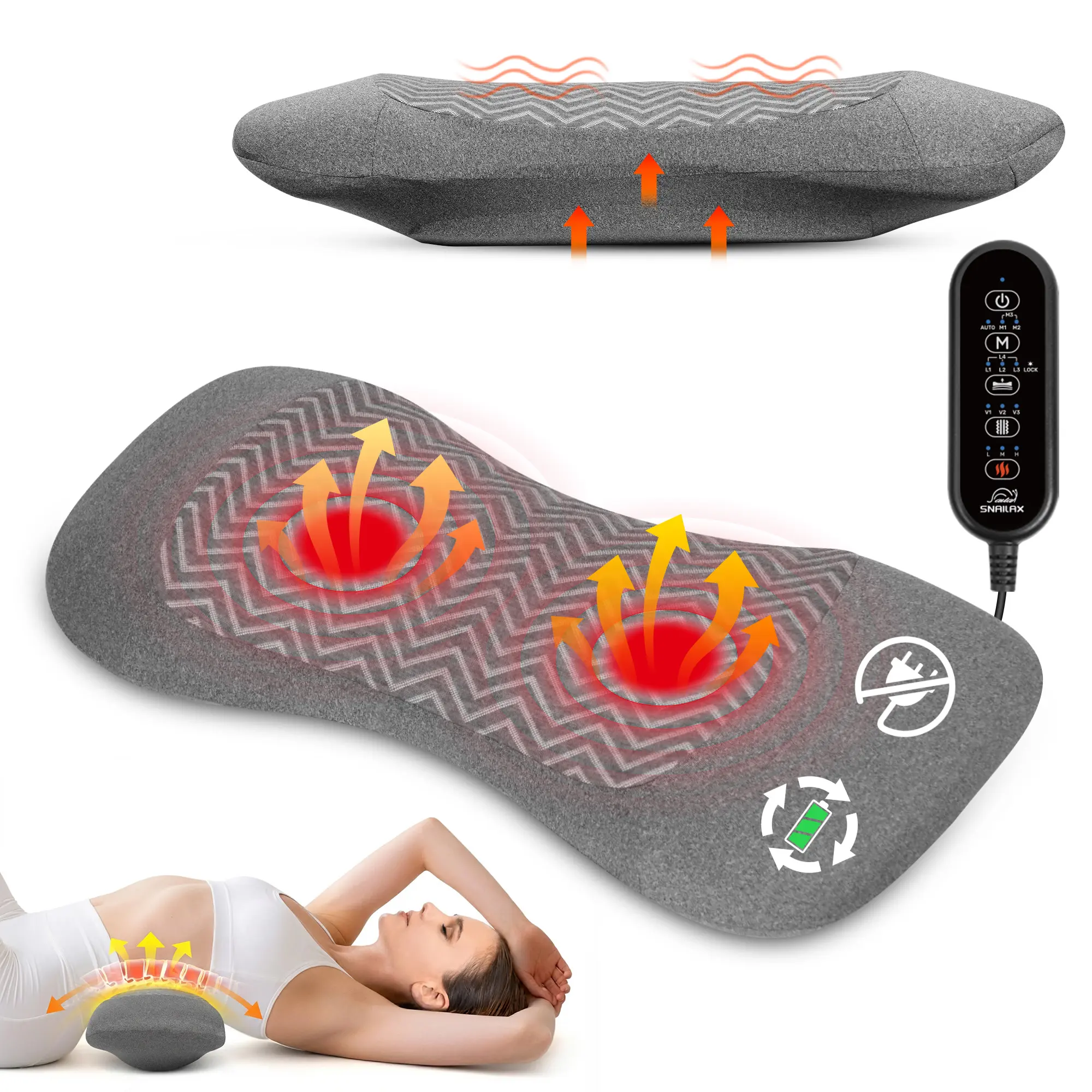 3-in-1 Rechargeable Electric Lumbar Support Pillow, Triple Support Air Lift Back Massager with Heat & Vibration, Adjustable Height Wide Waist Cushion for Bed & Chair, Smooth Spine Comfort Design