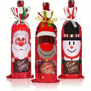 3pcs Christmas Velvet Wine Bag Set, Reusable Bottle Gift Bags with Drawstring, Perfect for New Year Party Favors