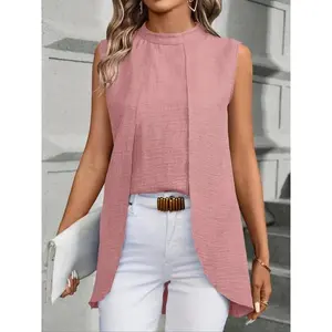 Women’s solid-color sports jacket/vest with a front closure and longer back hem, summer casual sleeveless top, women’s everyday wear GARMENTARY