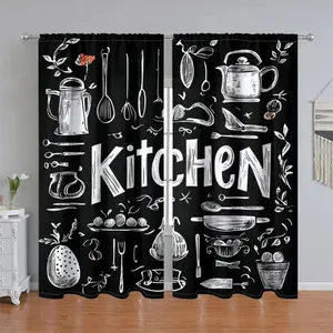 2Pcs Farmhouse Kitchen Utensil Printed Curtain Panel, Black White Sketch Style, Pole Pocket, Semi Sunshade, for Home Decor, Living Room, Bedroom, Balcony,, Study, Shower Window Decoration, Accessory, Anti Privacy.