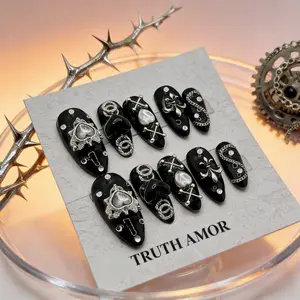 10-piece set, TRUTH AMOR Dark Mine-style Hottie Wearable, Reusable Nails, Black-silver Metal Embossing + Skull Heart Design, Ultra-thin & Removable, For Parties, Nightclubs, Music Festivals & Daily Use