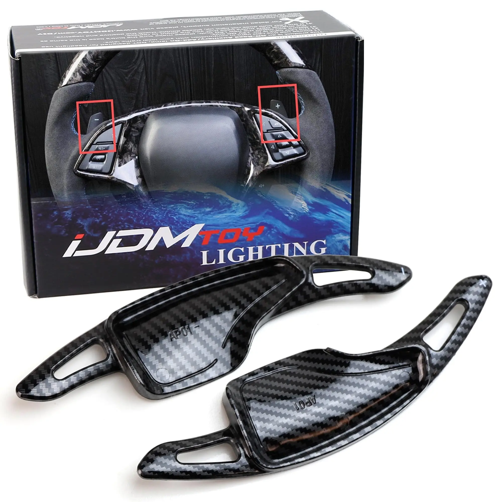 iJDMTOY Twill-Weave Carbon Fiber Pattern Style Larger Paddle Shifter Extensions For Chevrolet 2014-2019 C7 Corvette, 2016-up Gen6 Camaro