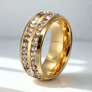 Tungsten Ring, Men’s Yellow Gold Tone Stainless Steel Wedding Ring with Double Stone Rows, Casual Daily Engagement Jewelry, Daily Wear, Birthday Gift, Father's Day, Mother's Day, Christmas, Valentine