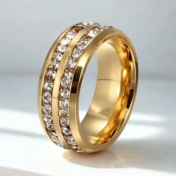 Tungsten Ring, Men’s Yellow Gold Tone Stainless Steel Wedding Ring with Double Stone Rows, Casual Daily Engagement Jewelry, Daily Wear, Birthday Gift, Father's Day, Mother's Day, Christmas, Valentine