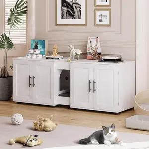 Large Size Wooden Construction Hidden Litter Box Enclosure Furniture with Double Cage Cat House for 2 Cats, 55”L x 17.7”W x 22.5”H, White