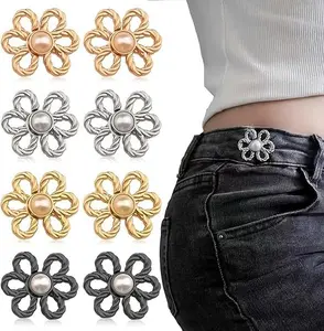 8 Sets Flower Jeans Button Pant Waist Tightener, Adjustable Waist Buckle Sets No Sew and No Tools Detachable Decorative Buckles, Jean Buttons Pins for Loose, Pants, Skirts, Sleeves