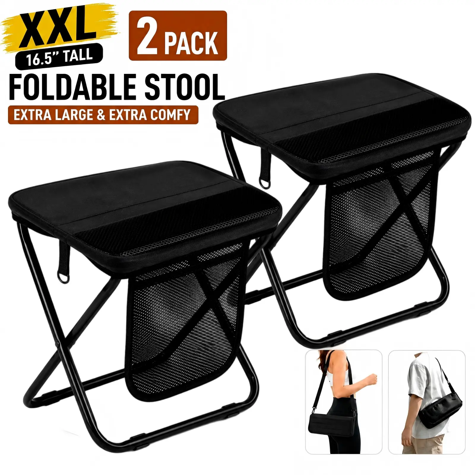 Wstrnix 16"/14" Extra Tall Collapsible Stool for Adults - Sturdy Heavy Duty 2-in-1 Portable Seat with Shoulder Strap, Lightweight for Camping, Campfire Events