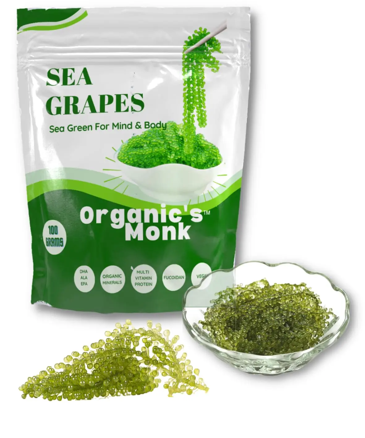 Organics Monk Organic Sea Grapes (Umibudo) Green Caviar Superfood, Dehydrated Organic Seaweed Snack, Lato, Mineral-Rich Vegan Food, Premium Dried Sea Grapes