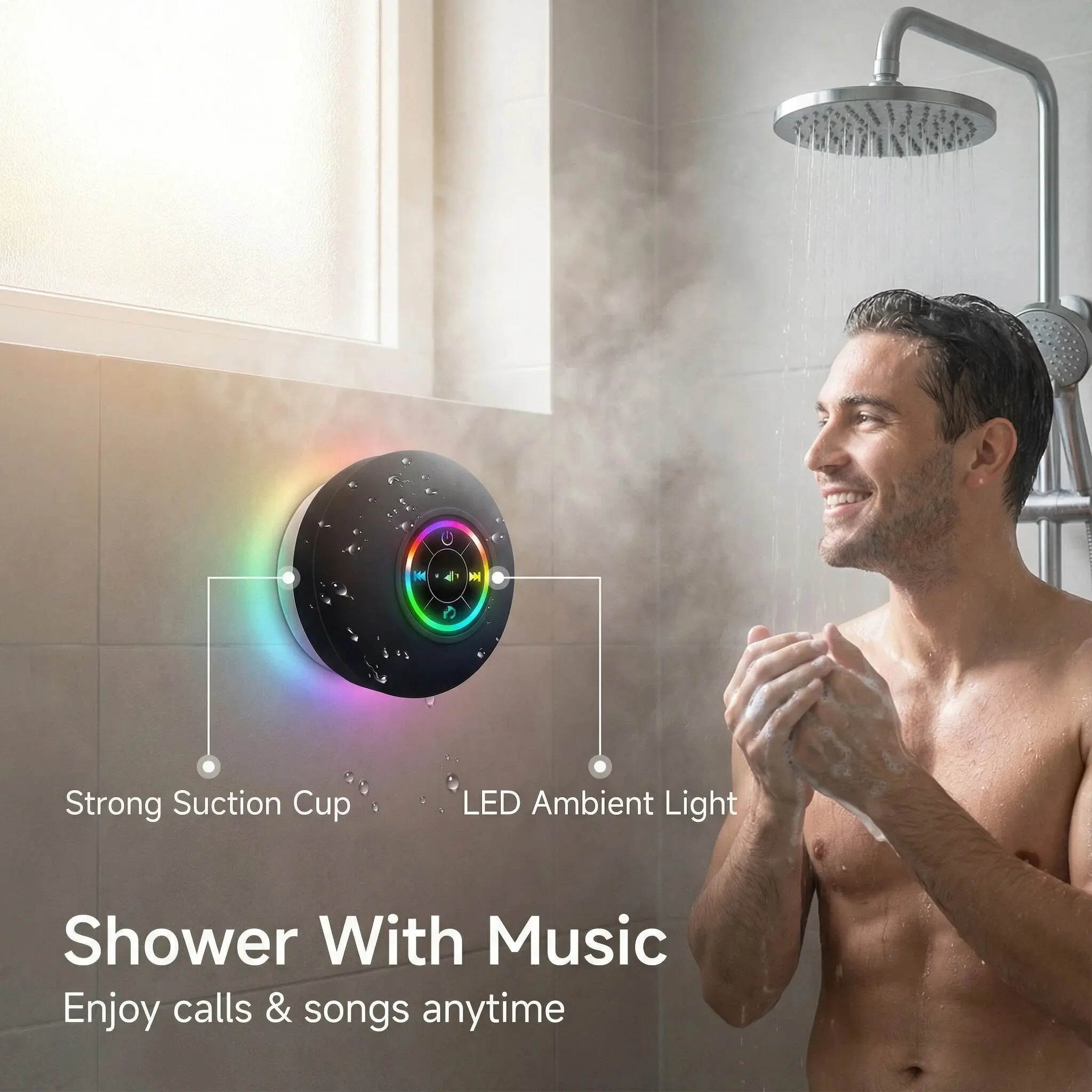 Waterproof Bluetooth-compatible Speaker for Bathroom, Matte Skin-Like Material, Large Suction Mini Wireless Portable, Outdoor Camping Subwoofer, LED Display, 3-4 Hours Battery Life, Rechargeable Waterproof Speaker