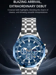 Rokyn Multifunctional Steel Band Quartz Watch, Waterproof Night Glow Moon Phase Timer, Men's Three Eye Six Needle Wristwatch