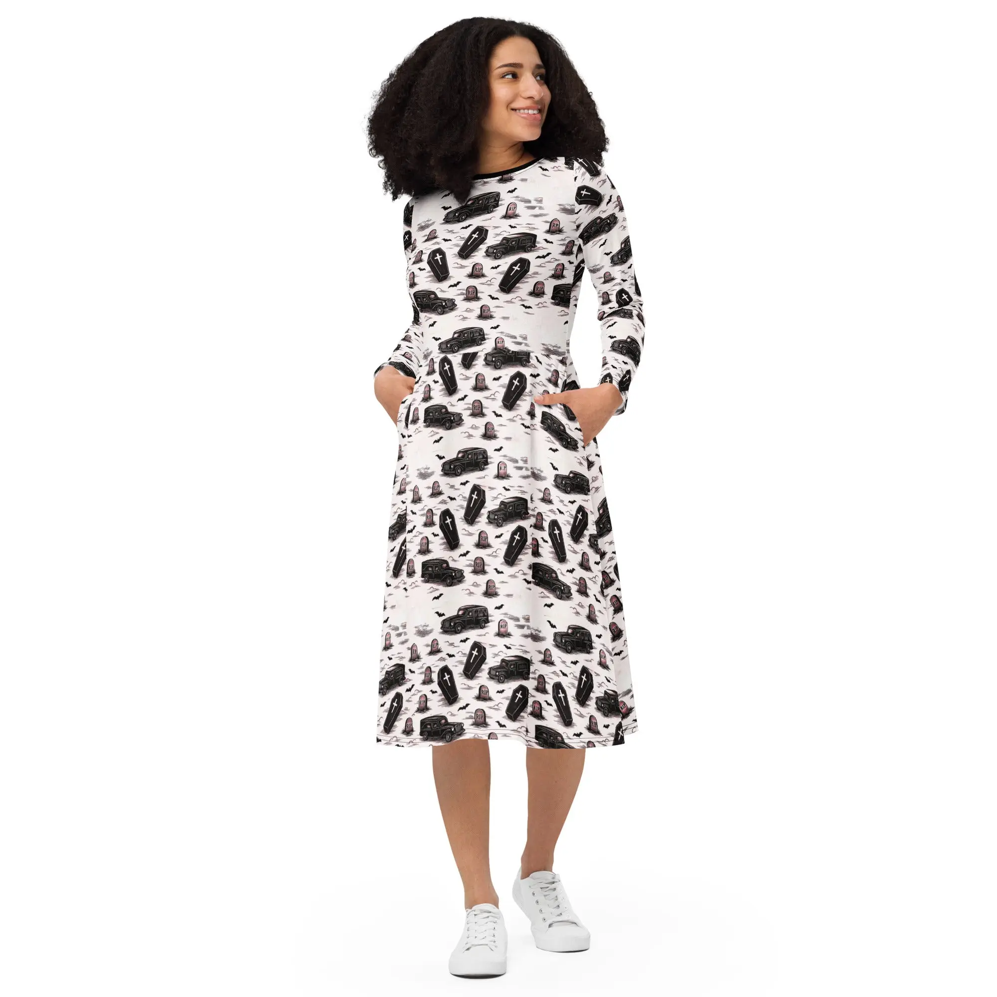 Hearse & Coffin Midi Dress – Gothic Rockabilly Long Sleeve Dress