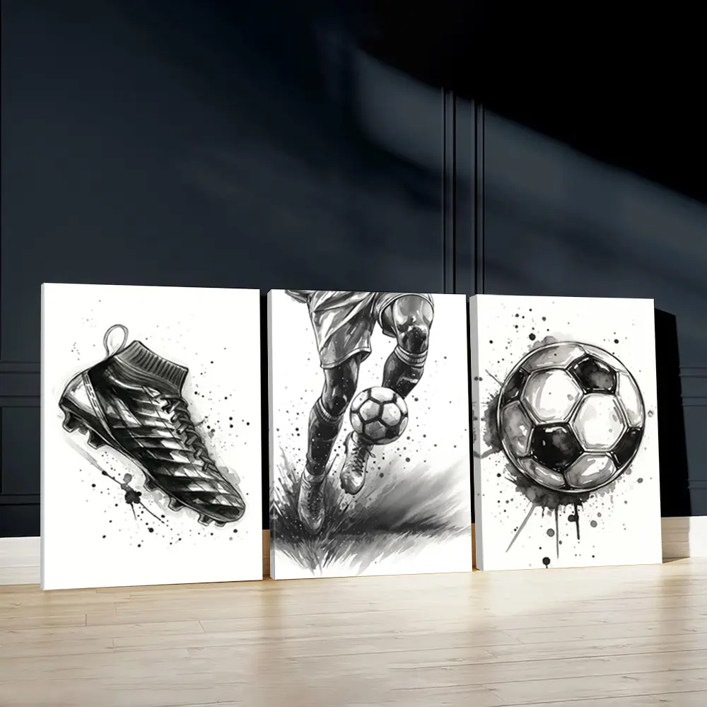 3pcs Soccer Passion Wall Art, Dynamic Action Poster, Sports Spirit Art Prints, Art Work For Wall Decor, Black and White Home Decor Products, Modern Wall Paintings, Art Design, Housewarming Gift, Art Wall Decoration