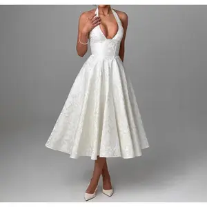 V-neck Halter Jacquard Dress High-end Evening Gown Spring Summer Elegant Sleeveless Backless Waist-cinching Long Dress Flowery Backless Mini Dress