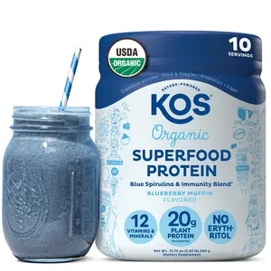 KOS Organic Plant Protein Blueberry Muffin 10 Servings USDA Certified Gluten Free 20g Protein Per Serving Digestive Enzymes for Optimum Absorption