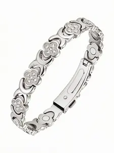 Pure Copper Magnetic Bracelet for Women, Exquisite Bracelet, 3800 Gauss Effective Magnets Rhinestone embellishment, silver four-leaf clover design Trendy Stack Bangle Stretch Design Fashion Jewelry Gift Adjustable