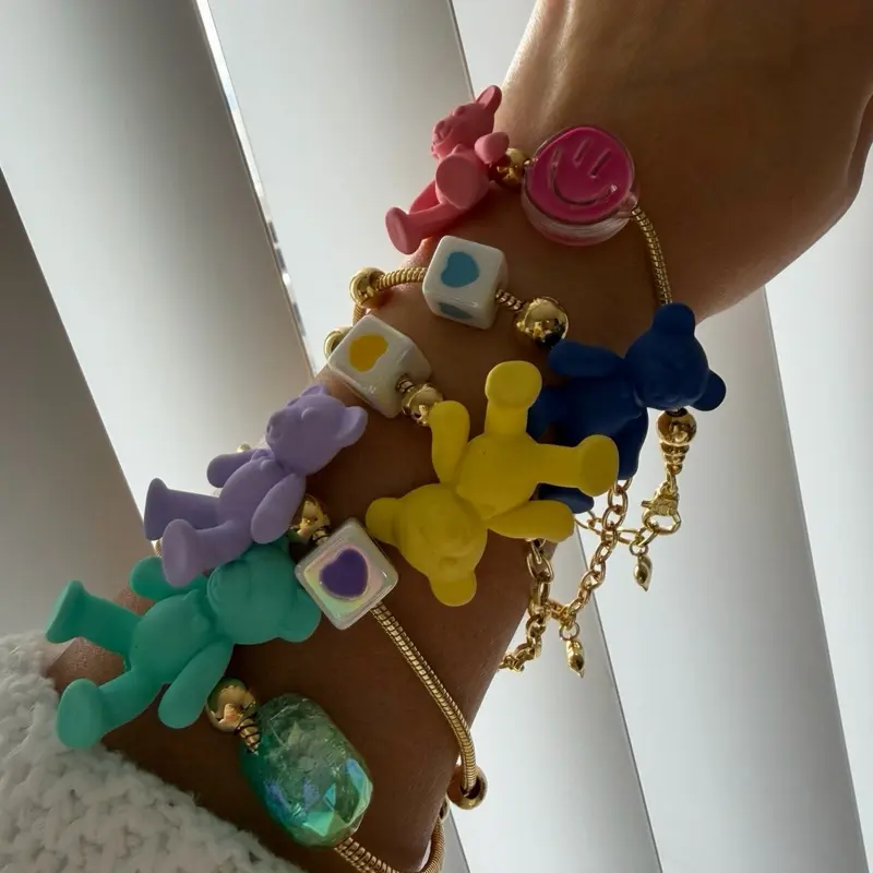 Cute Teddy Bear Charm Bracelet, Trendy Colorful Aesthetic Jewelry