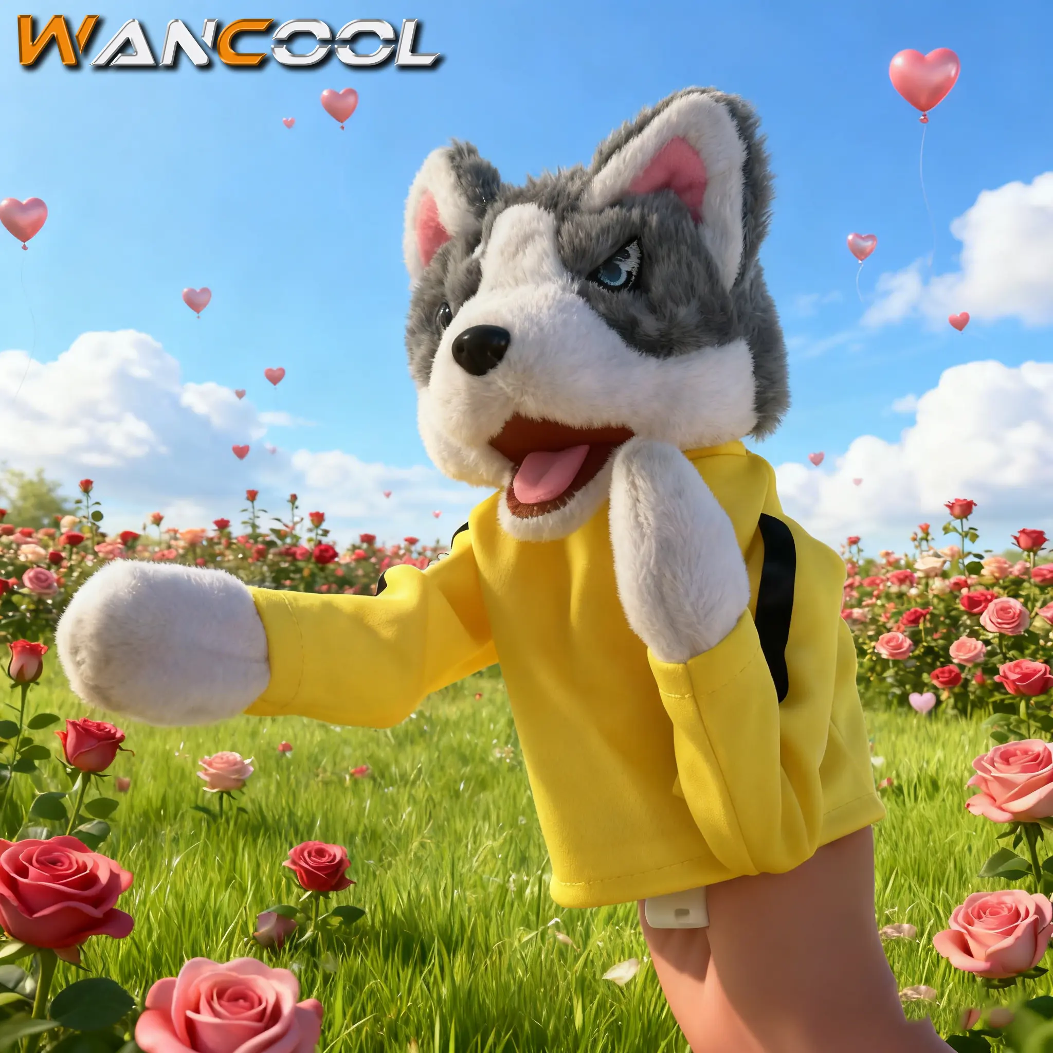 Wancool Husky Dog Puppet, dressed in yellow martial arts costume - Soft interactive plush toy suitable for storytelling/role-playing | Gift for male (female) friends on Valentine's Day - Fun puzzle toy suitable for cute couples to interact with summervibe