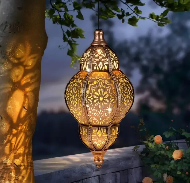 Traditional Moroccan Style Durable Solar-Powered Hanging Lantern - Waterproof Metal Mandala Cutout Light, Outdoor Decorative Chandelier for Thanksgiving, Christmas Patio Use