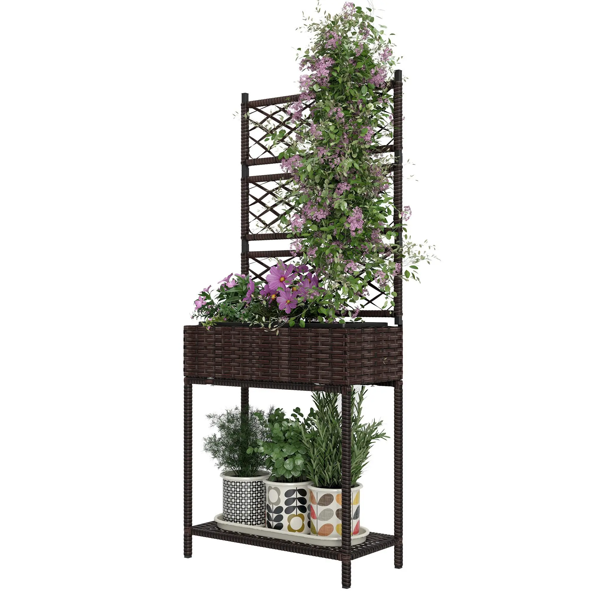 Outdoor Wicker Planter with Trellis for Climbing Plants Freestanding Rattan Garden Box with Storage Shelf Brown 25L Planting Area Decorative Trellis Convenient Storage Shelf Solid Materials 21.7" L x 10.2" W x 52.4" H