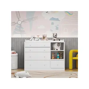 FUFU&GAGA  Modern Nursery Dresser Chest with 5 Drawers, 2 Open Shelves & Guard Table Top, Wood Dresser Storage Chest of Drawers (47.2”W x 19.5”D x 36.1”H) White Furniture