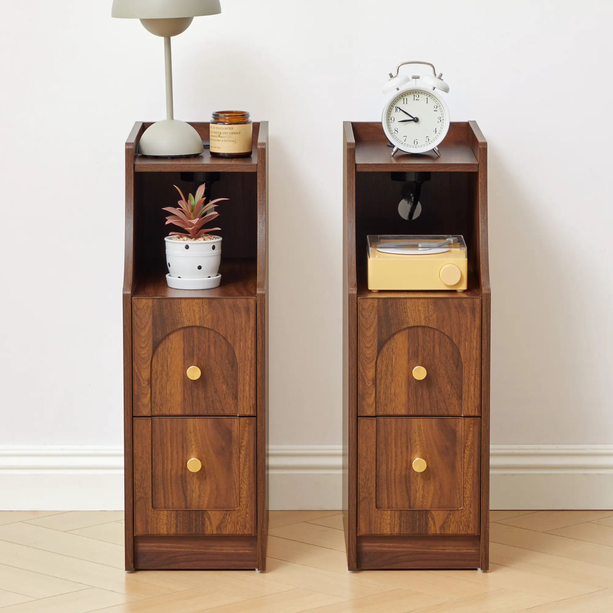 Giratree Ultra Narrow Nightstand with Charging Station, Slim Bedside Table with Hidden Power Outlet, 2 Drawers & Open Shelf, Mid-Century Modern End Table with Fenced Top for Small Spaces