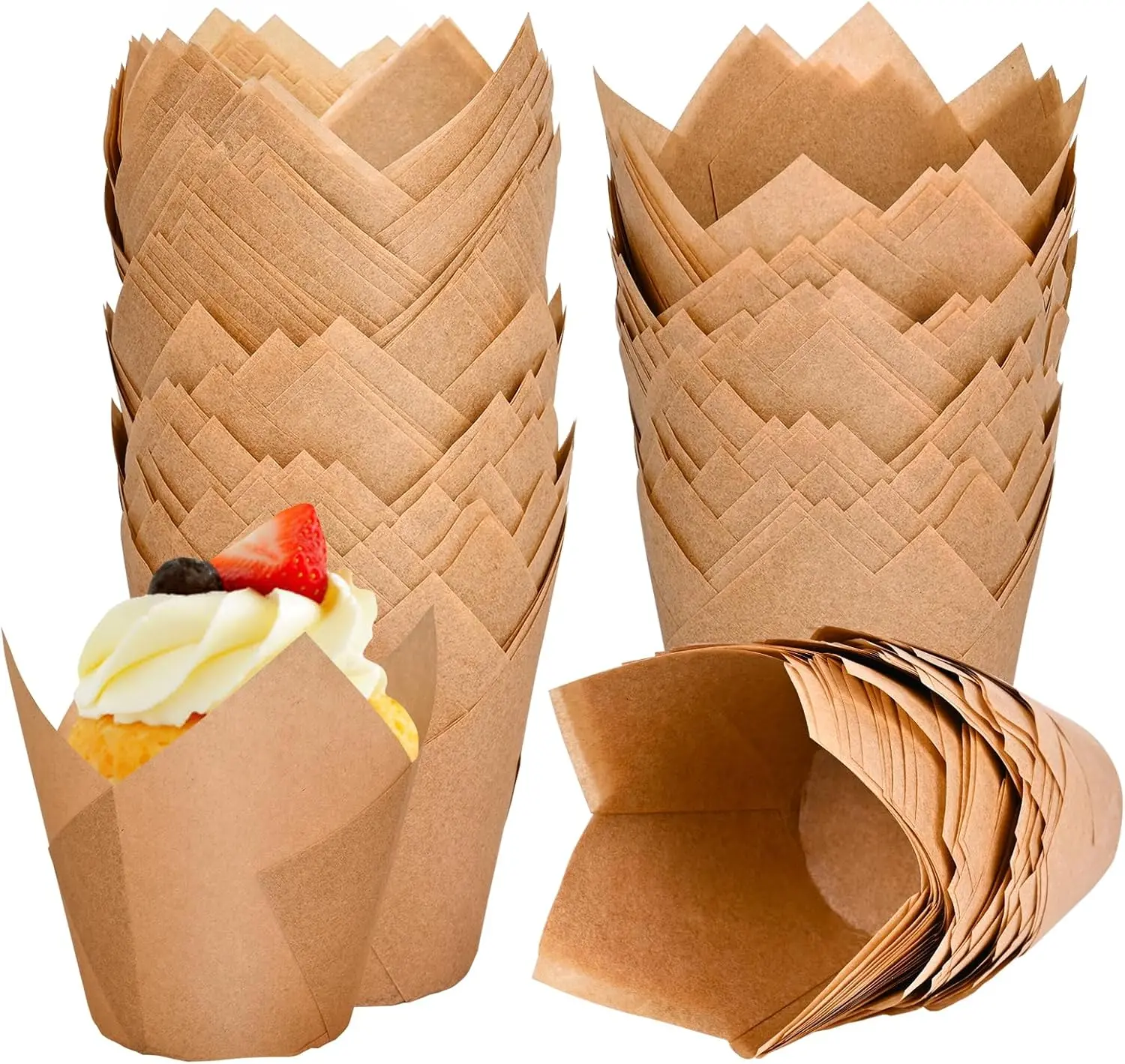 120 Counts Natural Tulip Cupcake Liners for Baking Cups, Food Grade Parchment Paper Muffin Liners Holders, Standard Tulip Cupcake Liners, Greaseproof Cup Cake Wrappers for Party, Christmas, Bakeware, Utensils