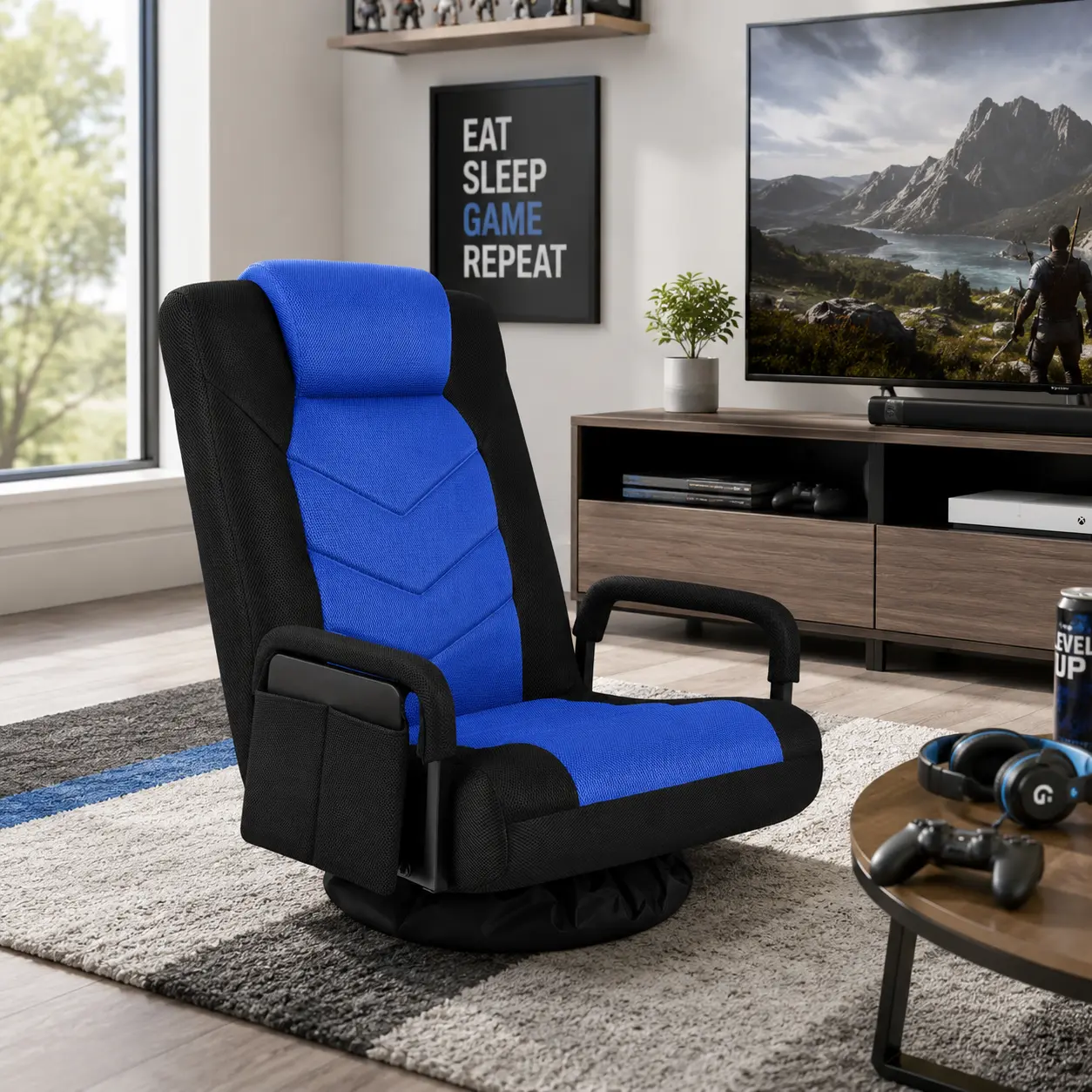 Costoffs Ergonomic 360° Swivel Floor Gaming Recliner - 6-Position Adjustable Computer Gaming Chair with Armrests, Padded Headrest, Controller Pocket for Video Gamers’ Bedroom, Game Room (Gamer Stuff)