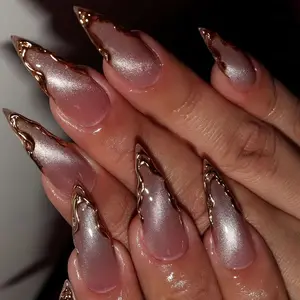 24pcs Spring New Cat Eye Long Almond Press-On Nails, Carved French Tip, Reusable Fashion Nail Art, Lazy Beauty Tool