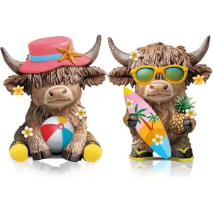 2 count Highland Cow Figurines Summer Beach Seaside Coastal Highland Cow  Scottish  Statue  Lovers Gifts for Summer  Garden Kitchen Office Tiered Tray Table Decor