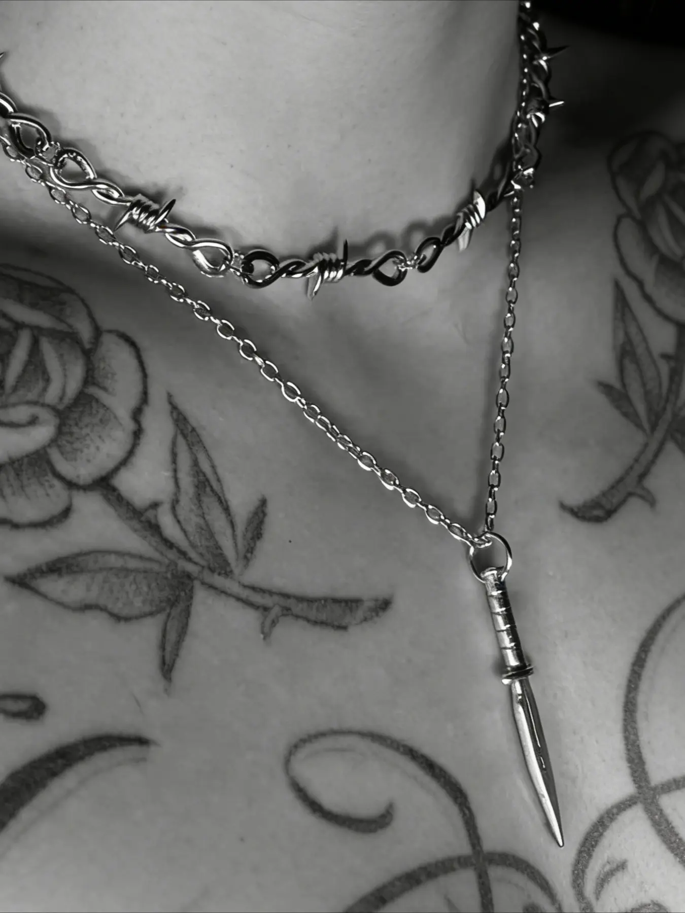 2-Piece Hip-Hop Thorn Dagger Layered Cuban Link Necklace Set, Cuban Link Design, Cuban Style Necklace, Unisex Vintage Dark Gothic Party Streetwear Jewelry, Men's and Women's Fashion Accessories, Stackable Clavicle Chain