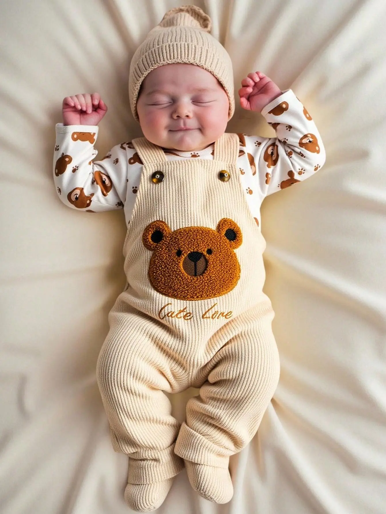 1pc Baby Boy Newborn Bear Head Embroidered Corduroy Fabric Versatile Corduroy Overalls, Baby Romper, Suitable For All Seasons