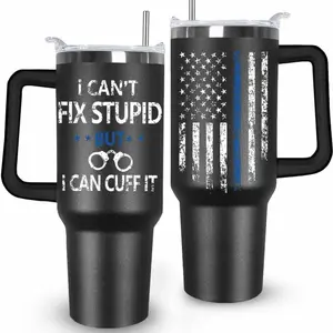 Ceovfoi 40 oz Tumbler with Handle lid and Straw, American Flag Blue Line Stainless Steel Dad Travel Tumbler Cup Mugs,Police Academy Graduation Gifts, Police Gifts for Men Dad ETWE
