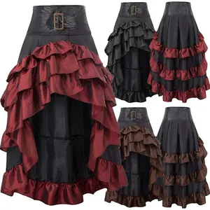 Women Halloween Steampunk Gothic Skirt Pleated Layered High-Low Cake Skirt Medieval Renaissance Costume Skirt Women Steampunk Gothic Skirt Halloween Maxi Skirt For Woman Costume Clothes