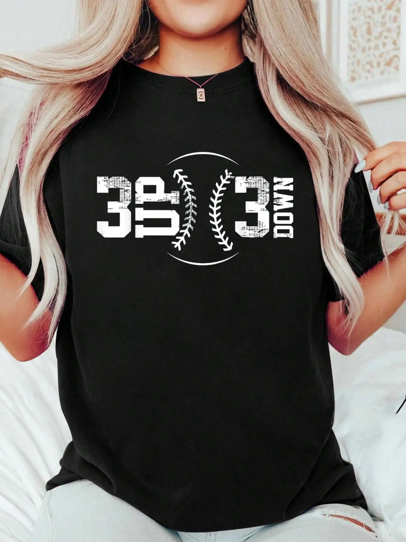 Lady's Short Sleeve 3-UP 3-Down Printed Front Baseball T-Shirt - Loose Casual Sporty Chill Style Round Neck Tee Top for Spring, Summer, Easy to Match with Denim, Jackets