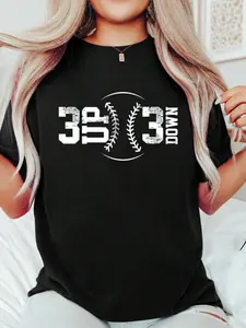 3 UP 3 Down Baseball Print T-Shirt Casual Crew Neck Short Sleeve Comfort Tee Top For Spring & Summer Women's Clothing