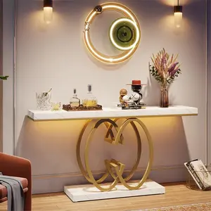 Tribesigns 55 Inch White Narrow Sofa Console Table with Geometric Metal Base in Gold - Simple & Sleek Design