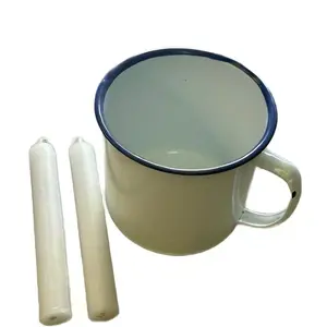 Candle and Enamel Mug Set Balen ak Gode blan with Two White Candles Included Cup