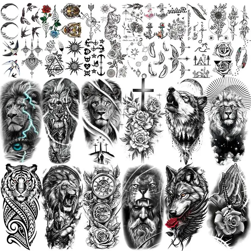 36 Sheets Black Temporary Tattoos Stickers,Forearm Designs Featuring Wolf,Tiger,Lion,Rose,Temp Halloween Fake Tattoo Stickers,and Animals Waterproof